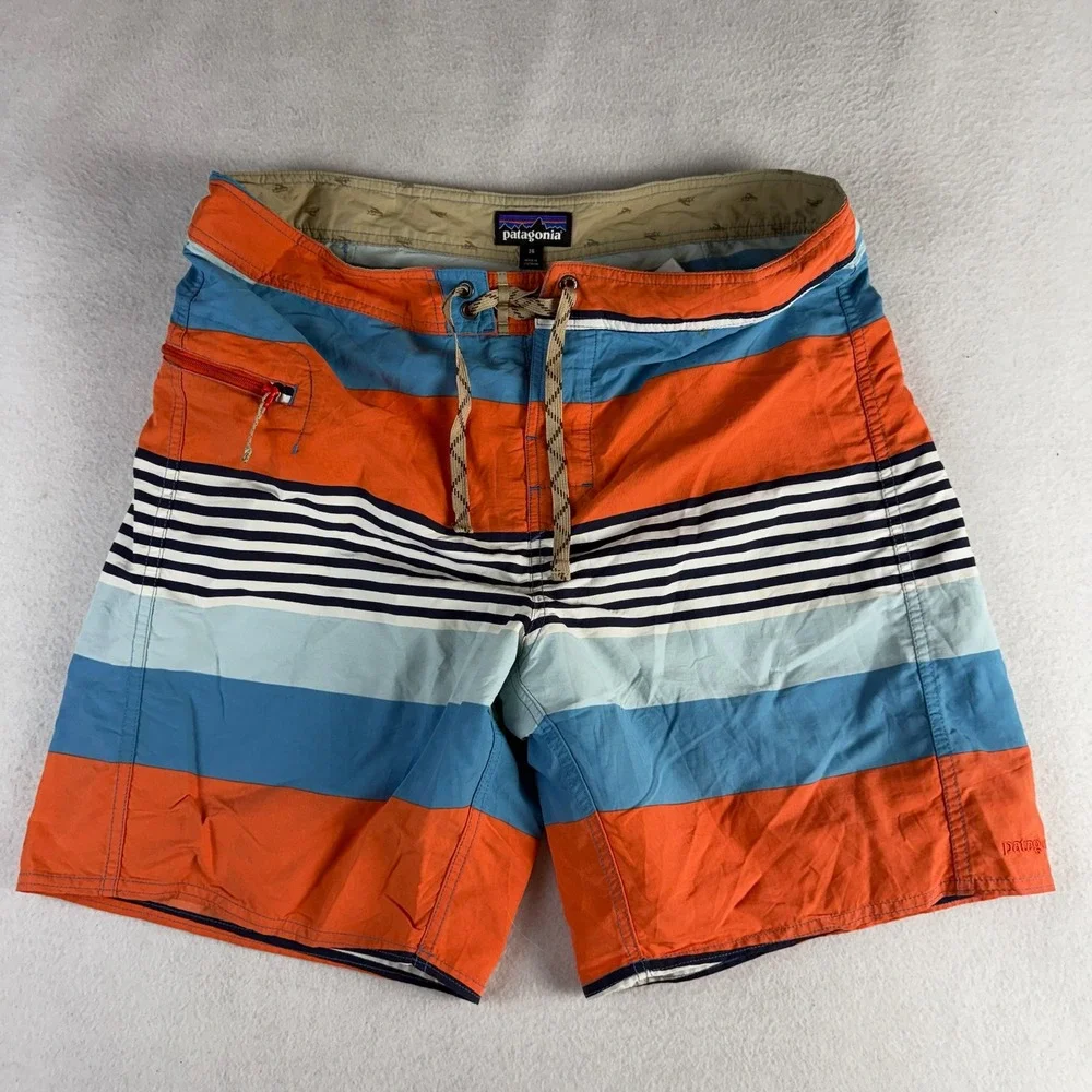 Patagonia Mens Striped Board Shorts Orange Blue Swim Trunks Size 36